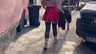 Public Walk and Flashing in Lingerie and Stockings