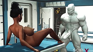A sexy young busty ebony has hard anal sex with sex robot in the medbay