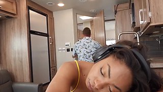 Cheating boyfriend fucks adorable Aria Kai next to his sleeping GF