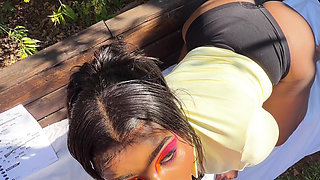 Ebony Girl Reading Outside Gets Her Throat Used by White Guy