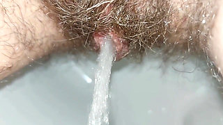 the longest trip to the bathroom, a very long piss, a hairy pussy peeing