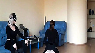 Monica Dominates Masked Slave in Pet Play Threesome - HD Femdom Training