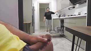 Stepmom caught me jerking off while watching her ass in the Kitchen.