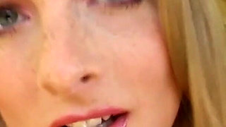 Oiled Blonde Stretches Her Pussy with a Thick Glass Dildo