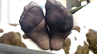 Closeup Black Nylon Pantyhose Feet