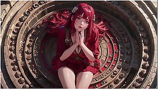 Red-haired Priestesss Forbidden Bath Ancient Stone Corridors Dappled With Light She Lounges In A Circular Pool Overflowing With Liquid