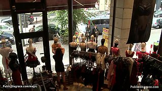 Blonde naked bound in public window