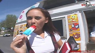 Brunette petite student Teen with small tits has car sex