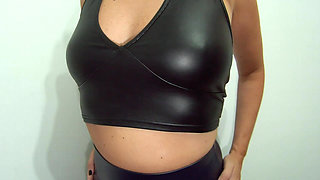 Masked Blonde in Leather Leggings Milks Cock on Her Pants