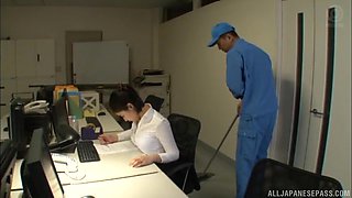 Japanese office babe leaves the plumber bang her pussy in the late hours