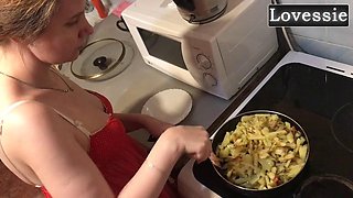 Lovessie the TS MILF Slave Serves Up Dinner for Her Master Before Dropping to Suck His Big Cock