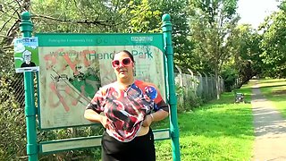 Short and thick brunette outdoor pising and public flashing