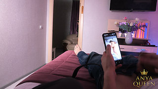 151 Caught Husband Jerking off to a Photo, Gave Him a Blowjob and Rode Him in Red Skirt and Black Tights
