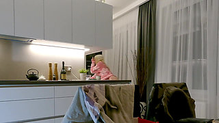 a Cup of Tea with the Hot Tight Pussy Amazingly Sexy and Unique Wonderful Blonde Panties and No Panties in the Kitchen