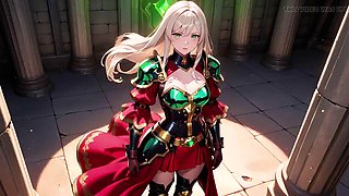 Blonde Hentai Knight Lounges Teasingly in Red and Green Armor as Her Silver-Haired Partner Kneels to