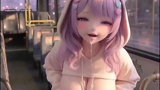 Shy kawaii hentai girl, alone on public bus