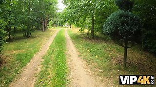 Vip4k. stunner with pierced nips and tattoos screws in the woods