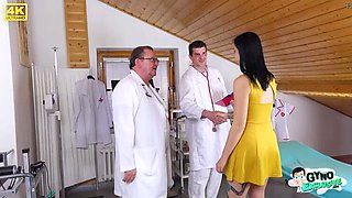 Filthy bitch Sharlotte Thorne examined and made to cum by 2 perverted doctors