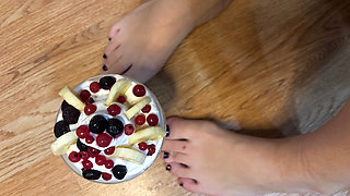 Playing with whipped cream and fruit with my naked feet