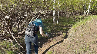 Sex in the woods with busty classmate. Young Russian student takes creampie in pussy