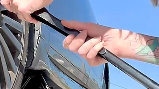 67 Tall Amazon Goddess Changes Her Tire - Big Feet in Frame