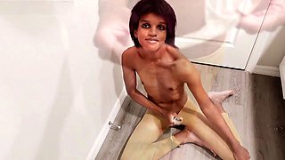 Emo gymnast Tgirl Awquitesy plays with a man's sausage after getting banned from the Olympics, featuring stocking try-on and gymnastics preview