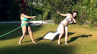 Pin-up Michelle Bond and Karina Heart's nude action