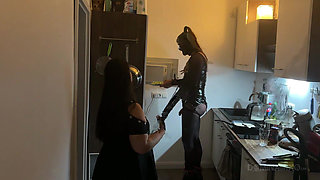 Dominant MILF Stretches Latex Sub's Ass Wide in Kitchen