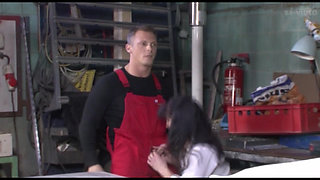 Horny handyman fucks a hot German cougar on the table