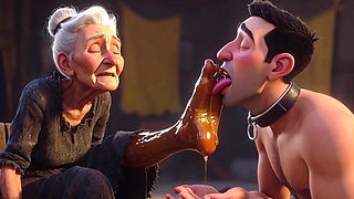 Submissive Slave Licking Wrinkled Feet of Old Ladies