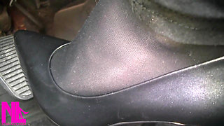 Pedal Pumping in Black Pantyhose and Grey Patent High Heels