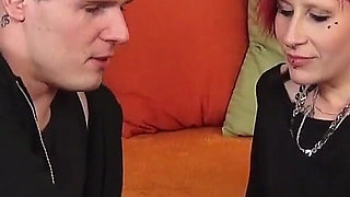 Redhead German MILF with piercing and tattoo loves getting a cock in her pussy and getting her face filled with warm cum