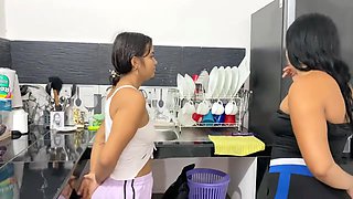 Lesbian - Tender Latina Petite Daughter and Her Stepmother in the Kitchen xlx