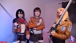 Mikasa, Sasha and Historia Pound Dripping Wet Pussies with Fingers and Devour Cunnilingus to a