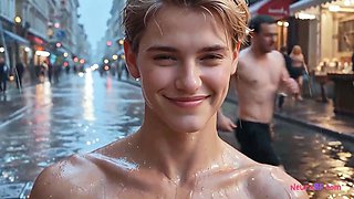 Pretty boy takes deep anal pounding on wet asphalt in public