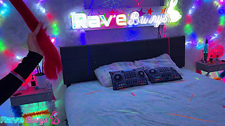 Angela Rides Richard Cowgirl Until Her Red Stockings Shine with Sweat!