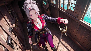 Silver-haired Pirate Queen! Sun-drenched Ship Cabin, Navy Uniform Slightly Damp, Kneeling with a Teasing Gaze.