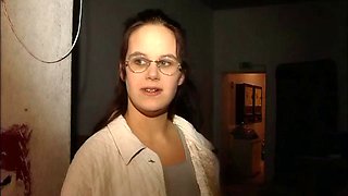 Glasses Cute Brunette Slurps Big Cock on Toilet