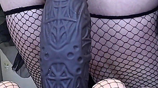 Teasing Bat Latex Slut Rides Massive Wildolo Spiderweb Dildo to Orgasm & Licks It Clean