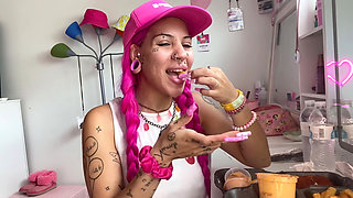 Spicy Food Mukbang Overeating Facestuffing Petite Girl Eating Hot Food Close-up Long Nails Fetish Acrylic Nails Teen Bonnet Hung
