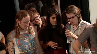 Bondage Fisting for Pretty Brunette in Wild Outdoor Gangbang