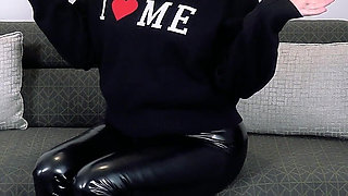 Sexy MILF Sucks Dick in Latex Leggings and Gets Slapped