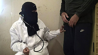 Horny Muslim Doctor in Hijab Jerks Off Patient's Big Cock - Close Up Handjob