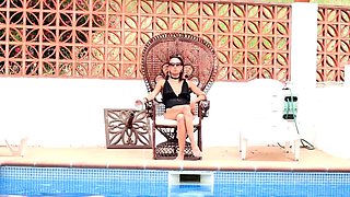 Small-Titted Brunette Amateur Blowjob by the Pool