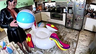 Dominant Leather Biker MILF MilfyCalla Inflates Giant Beach Ball for Brutal BDSM Po