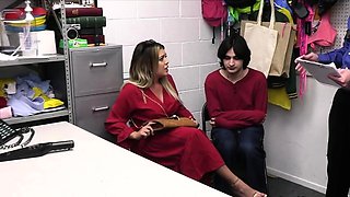 Busty Latina milf thief gangbanged in the backroom