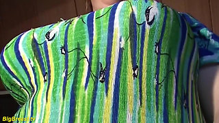 Hairy bush BBW housewife oiled her extreme monster boobs