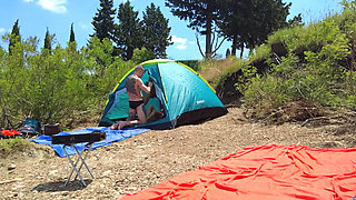 Gangbang - Guy lets strangers fuck his girlfriend in a tent - juicy throat and pussy fucking