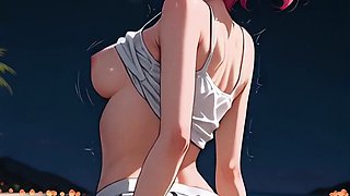 Pink haired beach reverse cowgirl, blonde titfuck bed cum