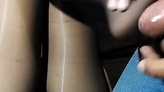 His Pathetic Tiny Cock Cumshot Hard on My Nylon Feet Yummy